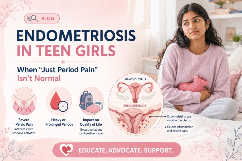 Illustrated medical infographic about endometriosis in adolescent girls, featuring a thoughtful South Asian teenage girl holding a hot water bottle, alongside educational icons and a uterus diagram explaining symptoms such as severe pelvic pain, heavy periods, and quality-of-life impact.